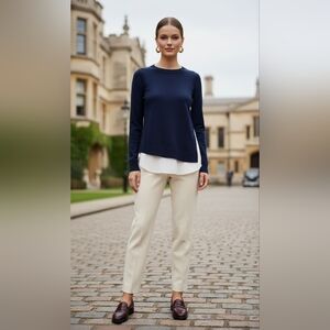 Ted Baker Navy Knit Long Sleeve With Contrast White Blouse Detail